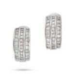 A PAIR OF DIAMOND HALF HOOP EARRINGS in 18ct white gold, each set with three rows of princess cut...