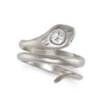 A DIAMOND SNAKE RING in white gold, designed as a coiled snake, the head set with a round brillia...
