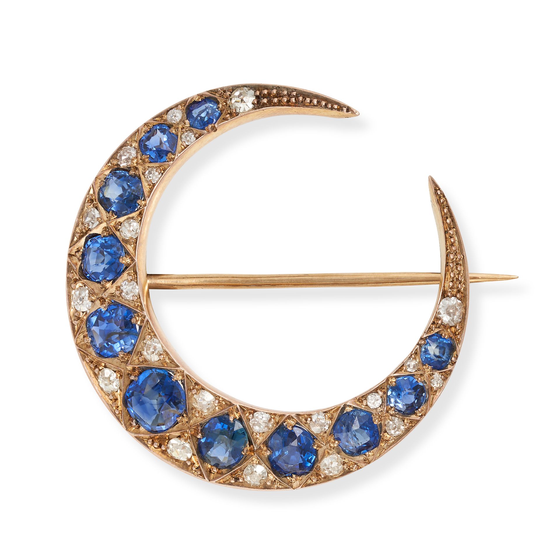 AN ANTIQUE SAPPHIRE AND DIAMOND CRESCENT MOON BROOCH in yellow gold, designed as a crescent moon ...