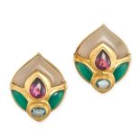 A PAIR OF CHRYSOPRASE, CHALCEDONY, GARNET AND TOPAZ EARRINGS in 18ct yellow gold, each set with a...
