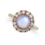 A MOONSTONE AND DIAMOND CLUSTER RING in yellow gold, set with a cabochon moonstone in a cluster o...