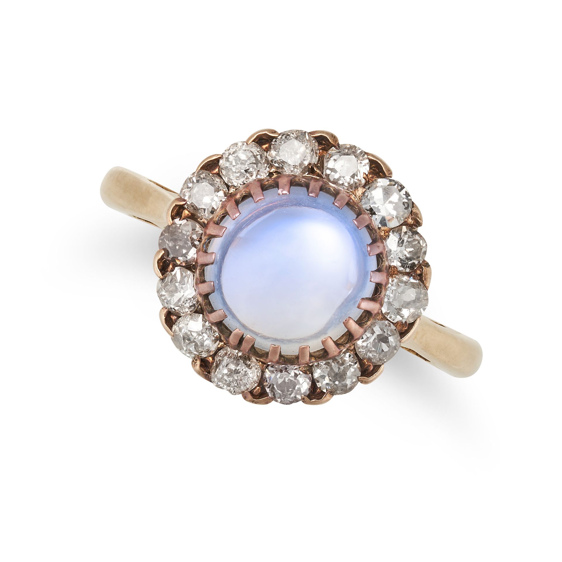 A MOONSTONE AND DIAMOND CLUSTER RING in yellow gold, set with a cabochon moonstone in a cluster o...