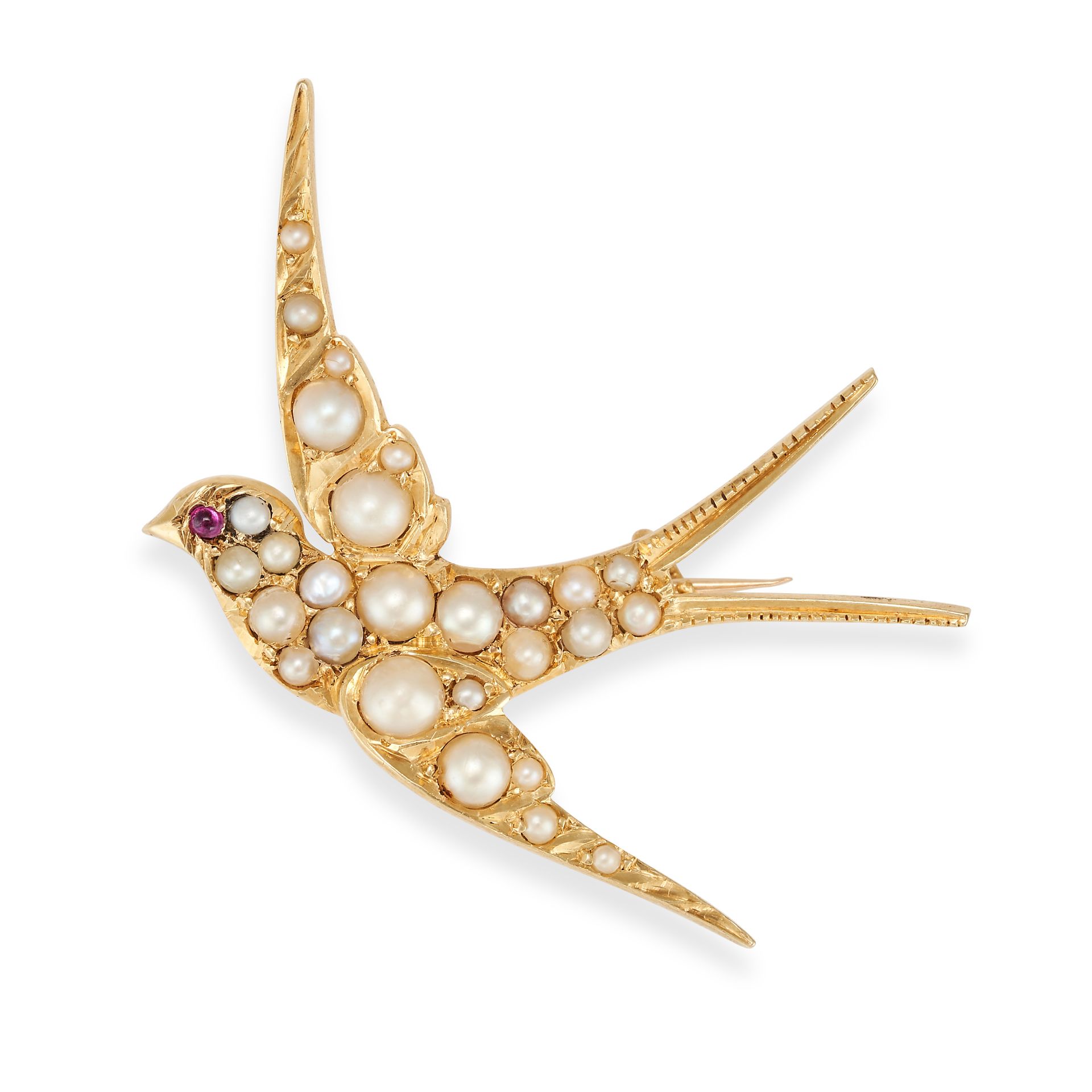 AN ANTIQUE PEARL AND RUBY SWALLOW BROOCH in yellow gold, set throughout with pearls, the eye set ...