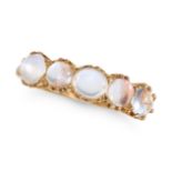 AN ANTIQUE MOONSTONE FIVE STONE RING in 18ct yellow gold, set with five cabochon moonstones, stam...