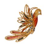 A SAPPHIRE, DIAMOND AND ENAMEL BIRD BROOCH in 18ct yellow gold, designed as a bird decorated with...