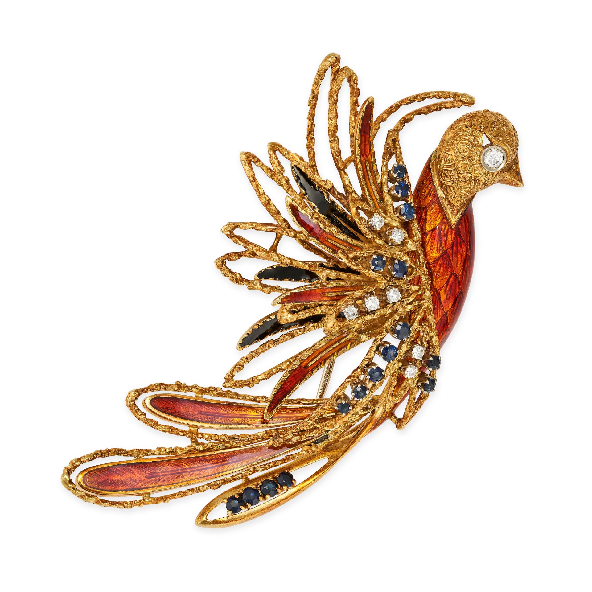 A SAPPHIRE, DIAMOND AND ENAMEL BIRD BROOCH in 18ct yellow gold, designed as a bird decorated with...