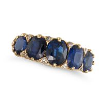 A SAPPHIRE FIVE STONE RING in 18ct yellow gold, set with five cushion cut sapphires all totalling...