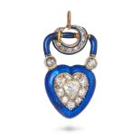 AN ANTIQUE VICTORIAN DIAMOND AND ENAMEL LOCKET PENDANT in yellow gold, designed as a heart shaped...