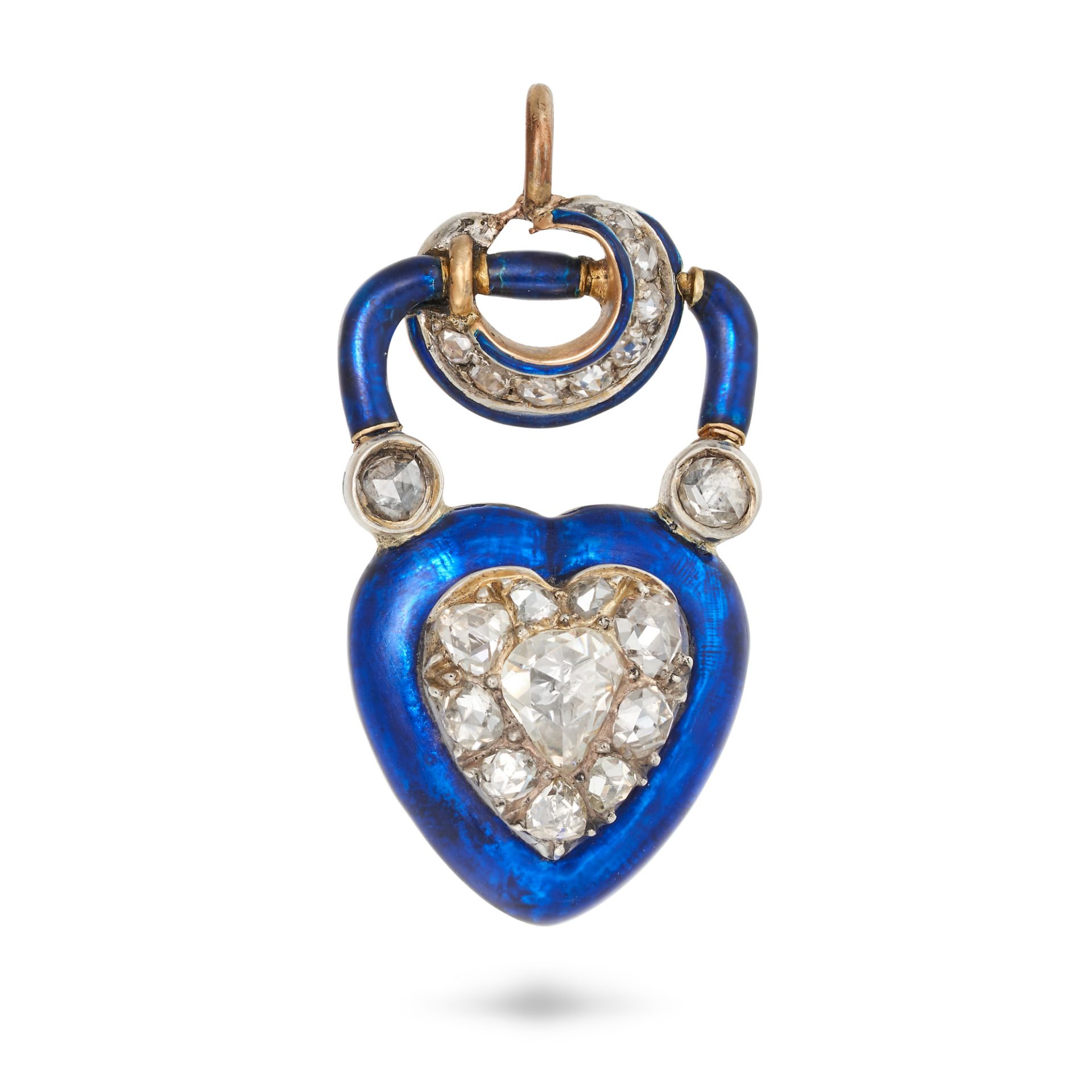 AN ANTIQUE VICTORIAN DIAMOND AND ENAMEL LOCKET PENDANT in yellow gold, designed as a heart shaped...