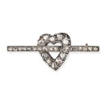 A DIAMOND HEART BROOCH in yellow gold and silver, designed as a heart on a bar, set throughout wi...