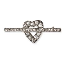 A DIAMOND HEART BROOCH in yellow gold and silver, designed as a heart on a bar, set throughout wi...