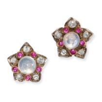 A PAIR OF MOONSTONE, RUBY AND DIAMOND FLOWER EARRINGS in white gold, each set to the centre with ...