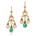 A PAIR OF EMERALD AND PEARL DROP EARRINGS in yellow gold, set with round cut emeralds and pearls,...