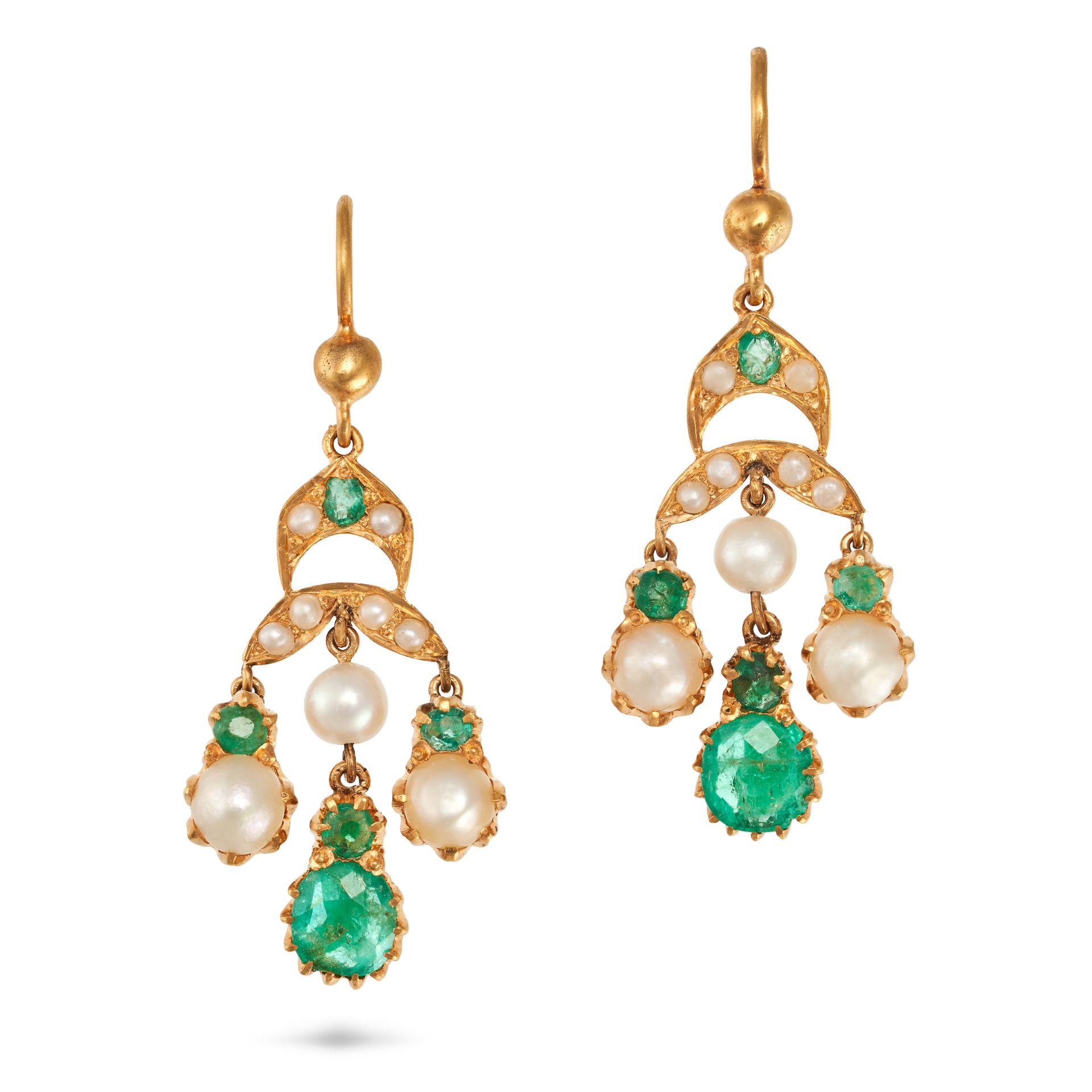 A PAIR OF EMERALD AND PEARL DROP EARRINGS in yellow gold, set with round cut emeralds and pearls,...