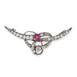 AN ANTIQUE DIAMOND AND RUBY BROOCH in yellow gold and silver, designed as a knot set throughout w...