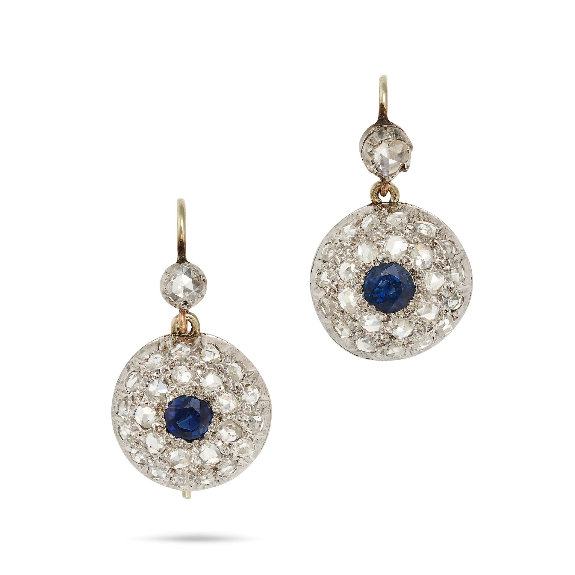 A PAIR OF SAPPHIRE AND DIAMOND EARRINGS in white gold, each comprising a rose cut diamond suspend...