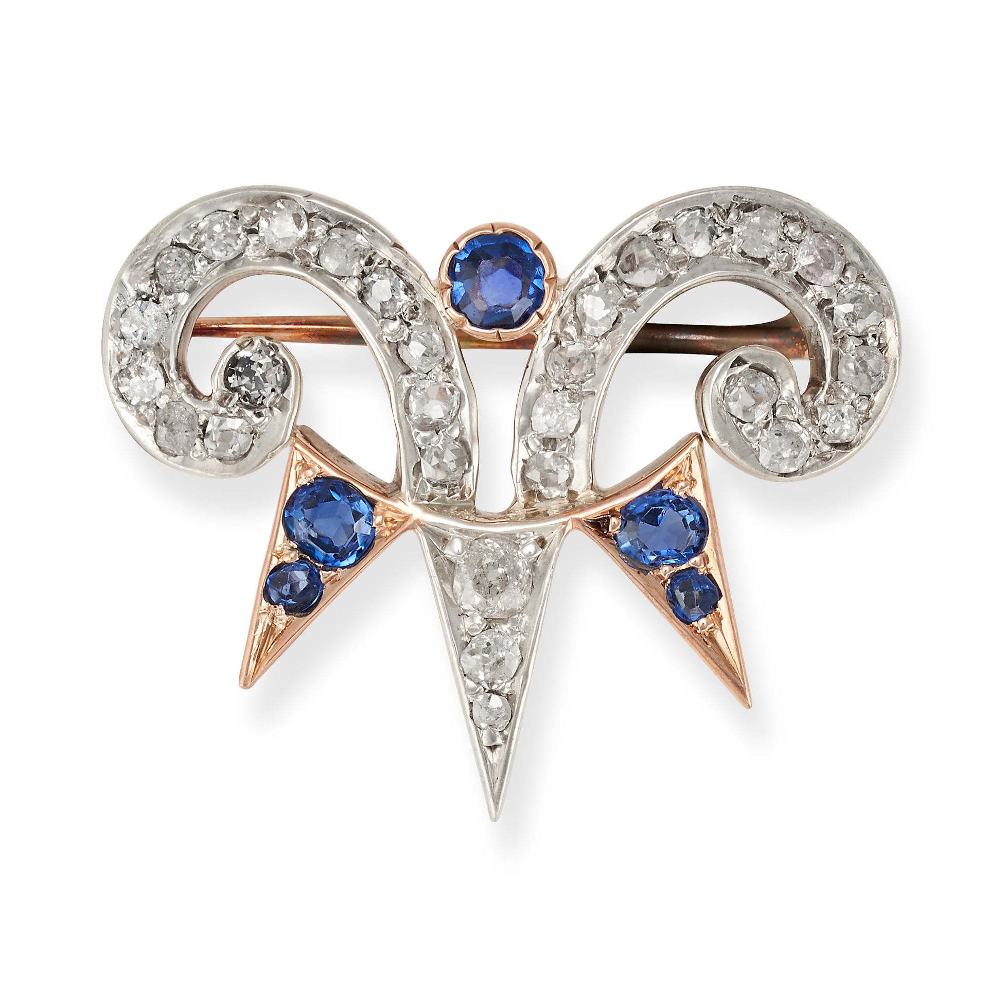 A DIAMOND AND SAPPHIRE BROOCH in silver and rose gold, designed as the initial A set with old cut...