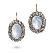 A PAIR OF ANTIQUE MOONSTONE AND DIAMOND CLUSTER EARRINGS in yellow gold and silver, each set with...