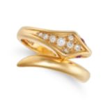 A RUBY AND DIAMOND SNAKE RING in 18ct yellow gold, designed as a coiled snake set with round bril...
