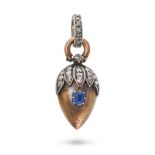 AN ANTIQUE RUSSIAN SAPPHIRE AND DIAMOND BERRY PENDANT in yellow gold and silver, set with a cushi...
