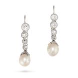 A PAIR OF NATURAL SALTWATER AND DIAMOND DROP EARRINGS in white gold, each comprising a row of art...