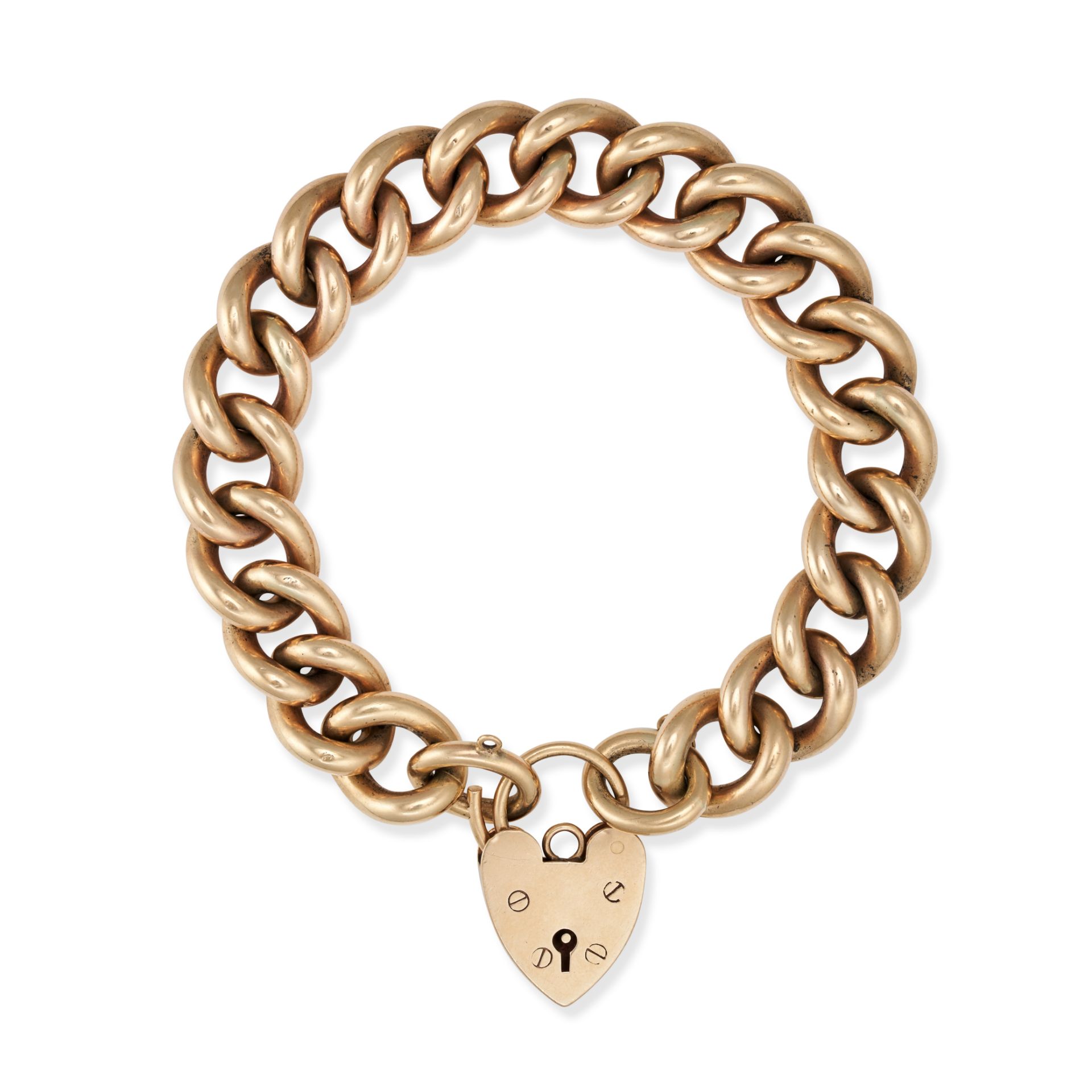 A VINTAGE GOLD PADLOCK BRACELET in 9ct yellow gold, comprising a curb link bracelet suspending a ...