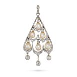A NATURAL SALTWATER PEARL AND DIAMOND PENDANT in 14ct gold, of triangular design with graduated s...