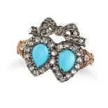 A TURQUOISE AND DIAMOND SWEETHEART RING in yellow gold and silver, designed as a ribbon above two...