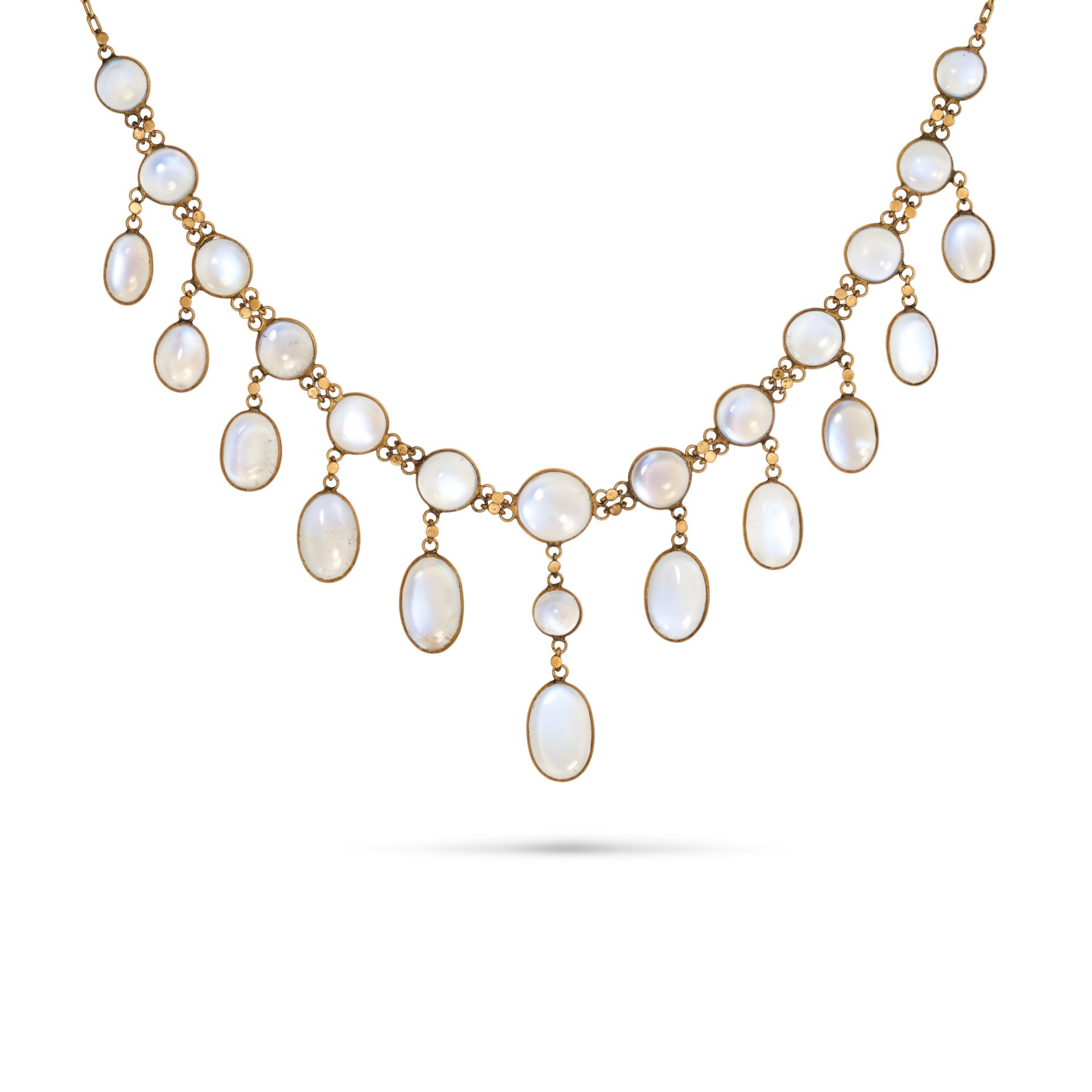 AN ANTIQUE MOONSTONE FRINGE NECKLACE in yellow gold, set with a row of round cabochon moonstones,...