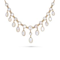 AN ANTIQUE MOONSTONE FRINGE NECKLACE in yellow gold, set with a row of round cabochon moonstones,...