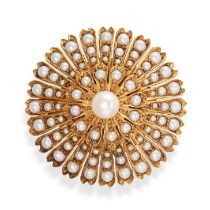 A VINTAGE PEARL FLOWER BROOCH in 9ct yellow gold, set throughout with pearls, full British hallma...