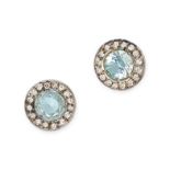 A PAIR OF AQUAMARINE AND DIAMOND EARRINGS in white gold, each set with a round cut aquamarine in ...