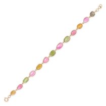 A MULTICOLOUR TOURMALINE BRACELET in 18ct yellow gold, set with a row of rose cut pink, green and...