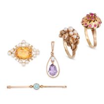 A COLLECTION OF GOLD JEWELLERY comprising a bar brooch set with a round cut blue zircon and two p...
