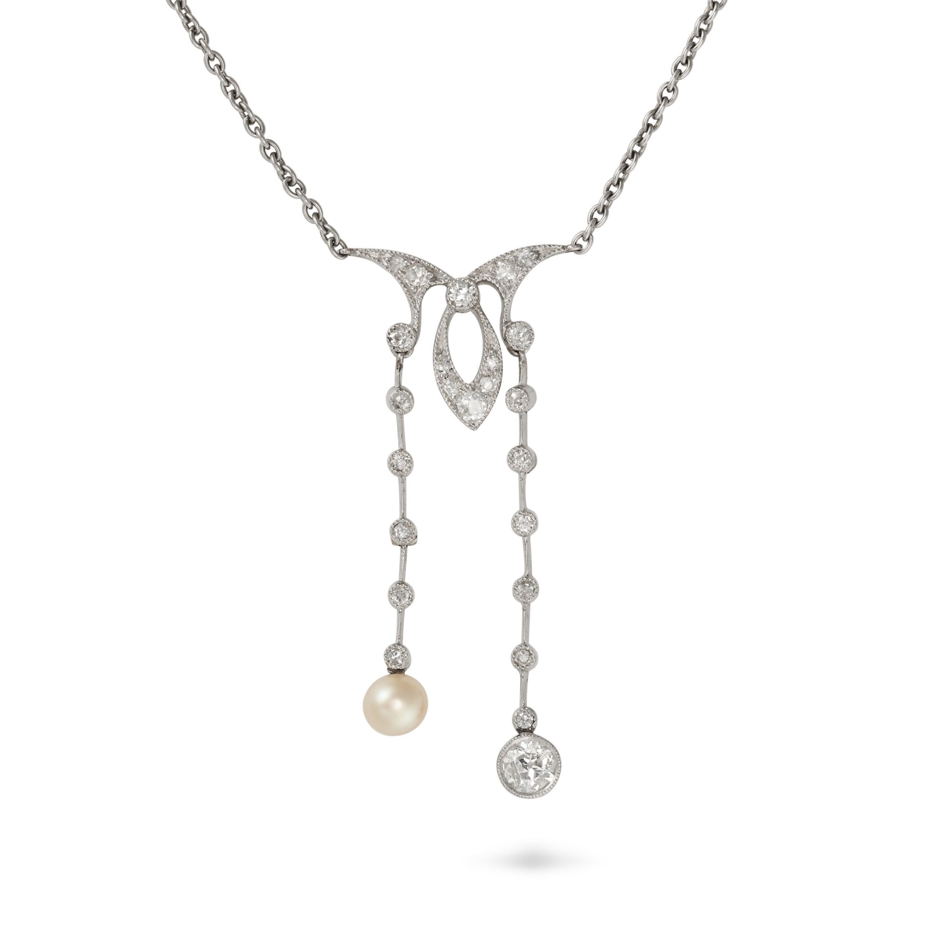 A DIAMOND AND PEARL NEGLIGEE NECKLACE the scrolling pendant set with round cut diamonds, suspendi...