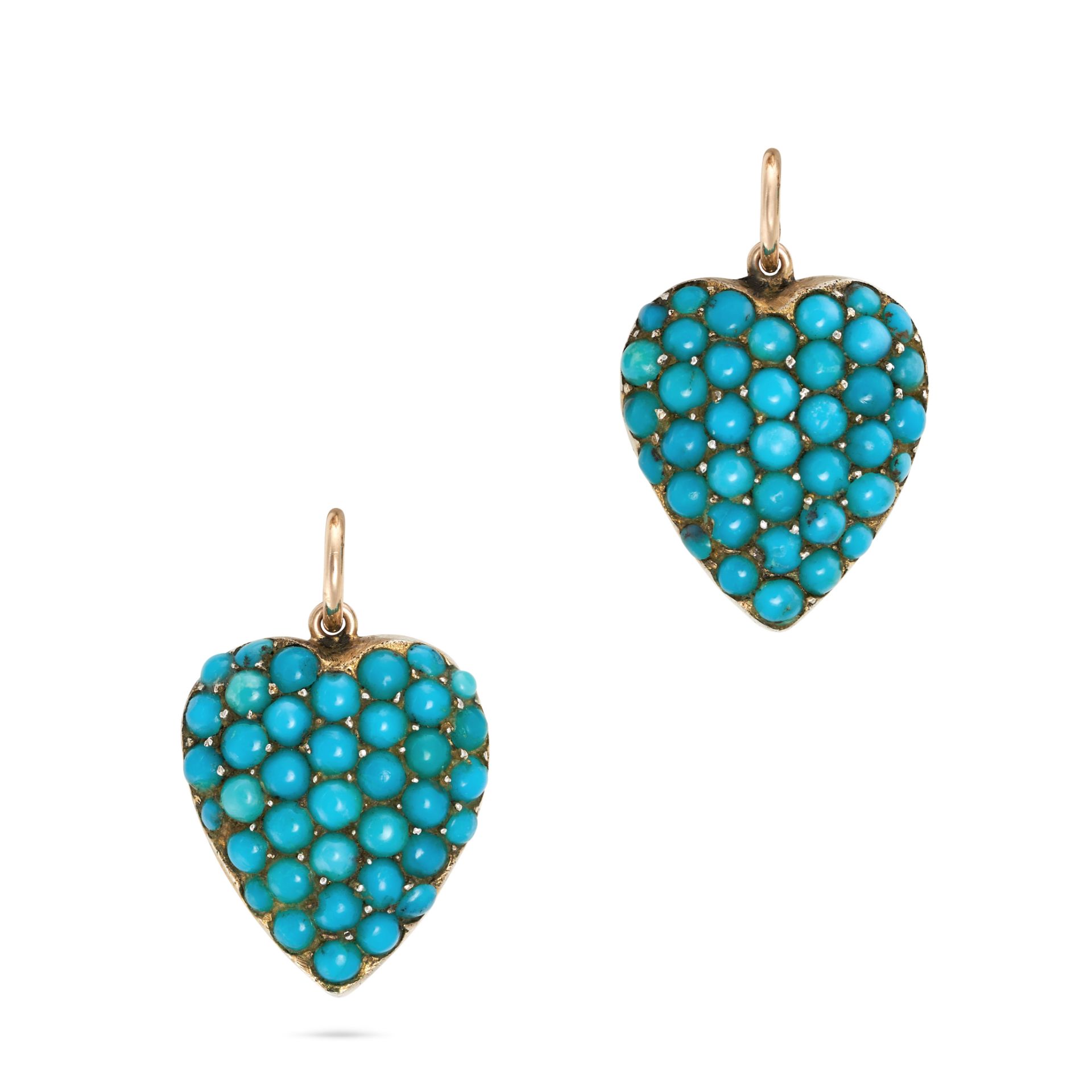 TWO ANTIQUE TURQUOISE HEART PENDANTS / CHARMS each in identical design, pave set with round caboc...