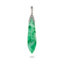 A JADEITE JADE AND DIAMOND PENDANT comprising a polished jadeite jade drop, accented by round cut...