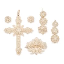 AN ANTIQUE GEORGIAN SEED PEARL EARRINGS, PENDANT AND BROOCH SUITE comprising a cross pendant, a p...