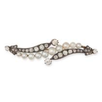 NO RESERVE - AN ANTIQUE PEARL AND DIAMOND BROOCH in yellow gold and silver, the scrolling brooch ...