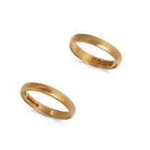 TWO GOLD WEDDING BANDS in 22ct yellow gold, full British hallmarks for London 1956 and Birmingham...