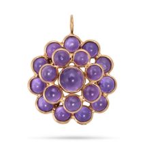 AN AMETHYST CLUSTER PENDANT in 18ct yellow gold, set with a cluster of cabochon amethysts, stampe...