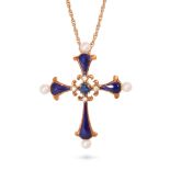 IGOR CARL FABERGE, A VINTAGE SAPPHIRE, DIAMOND PEARL AND ENAMEL CROSS PENDANT NECKLACE 1980s in 1...
