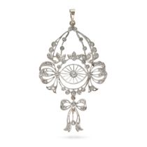 A DIAMOND PENDANT in scrolling foliate design, suspending a bow motif, set throughout with round ...