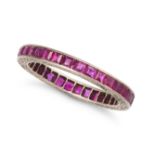 A RUBY ETERNITY RING set all around with a row of square step cut rubies, no assay marks, size M1...