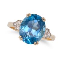 A BLUE TOPAZ AND DIAMOND RING in 9ct yellow gold, set with an oval cut blue topaz, the stepped sh...
