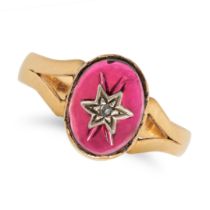 AN ANTIQUE GARNET AND DIAMOND RING in 22ct yellow gold, set with a cabochon garnet with an applie...