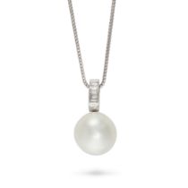 A PEARL AND DIAMOND PENDANT NECKLACE in white gold, the pendant comprising a row of baguette cut ...