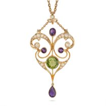 AN ANTIQUE EDWARDIAN PERIDOT, AMETHYST AND PEARL PENDANT NECKLACE in 9ct yellow gold, the scrolli...