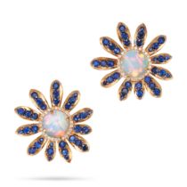 A PAIR OF OPAL, SAPPHIRE AND DIAMOND FLOWER STUD EARRINGS in 18ct yellow gold, each set with a ca...