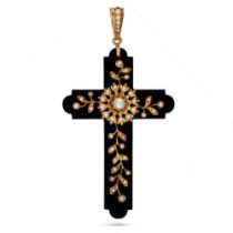 AN ANTIQUE PEARL AND ONYX CROSS PENDANT in yellow gold, the cross carved from onyx and decorated ...